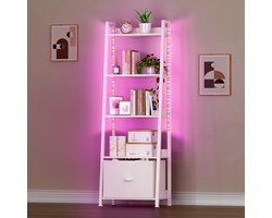 Ladderplank Boekenplank - Opbergrek Plantenstandaard - Verticale Ruimte Benutten - Met Inclusief Stoffen Lade - 63 Inch Hoog - Wit