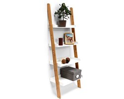 ladderrek bamboe - 4 planken - 144 x 56 x 34 cm - voor woonkamer - hoog - natuur-wit