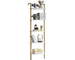 Ladderrek met 5 niveaus, boekenkast, doe-het-zelf staand rek, houten rek, metalen frame, wandmontage, voor boeken, decoratie, planten, voor woonkamer, kantoor, balkon, wit