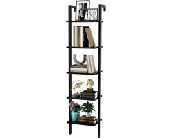 Ladderrek met 5 niveaus, boekenkast, doe-het-zelf staand rek, houten rek, metalen frame, wandmontage, voor boeken, decoratie, planten, voor woonkamer, kantoor, balkon, zwart