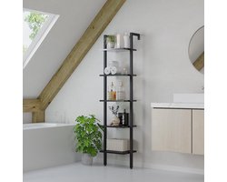 Ladderrek met 5 niveaus, boekenkast, doe-het-zelf staand rek, houten rek, metalen frame, wandmontage, voor boeken, decoratie, planten, voor woonkamer, kantoor, balkon, zwart