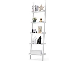 Ladderrek met 5 Niveaus - Houten Boekenplank en Wandrek - Industrieel Woonkamer en Kantoor Opbergmeubel in Wit