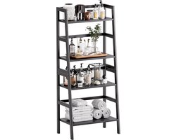 Ladderrek, zwart, bamboe boekenkast met 4 niveaus, vrijstaande ruimtebesparende plantenstandaard, rek voor slaapkamer, badkamer, balkon