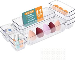 Lade-organizer, 11-delig lade-organisatiesysteem met 4 maten, doorzichtige plastic kaptafel-organizer, lade-inzet lade-organizer kan worden gebruikt voor make-up, keuken, badkamer, kast, kantoor, school