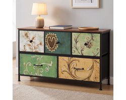 Ladekast - 100x30x55cm - met 5 Stoffen Lades - Opbergkast met Metalen Frame en Houten Blad - Vintage Stijl - Veelkleurig