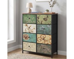 Ladekast - 100x67.5x30 cm - Opbergkast met 8 Stoffen Lades - Metalen Frame en Houten Blad - Vintage Stijl - Veelkleurig