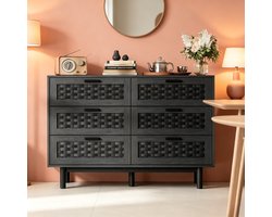 Ladekast 115x40x80 cm met 6 lades, moderne opbergkast met houten frame en gevlochten bamboe panelen, commode voor woonkamer en slaapkamer, zwart