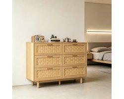 Ladekast 115x40x80 cm met 6 lades, opbergkast met houten frame en gevlochten bamboe panelen, dressoir in eiken kleur voor woonkamer