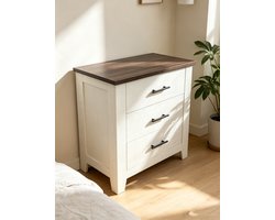 Ladekast 3 laden 70x40x75 cm‑wit met donker houten blad‑zwarte metalen handgrepen‑Nachtkastje‑opbergkast voor slaapkamer en woonkamer