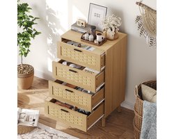 Ladekast 4 lades en rotan, moderne opbergkast met houten poten, commode voor de slaapkamer, woonkamer en hal, 55 x 40 x 95 cm, naturel