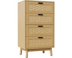 Ladekast 4 Lades – Rotan Dressoir – 95 cm Hoog – Geschikt voor woonkamers, slaapkamers – Natuurlijke houtkleur0-55x40x95cm