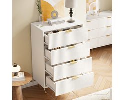 Ladekast 4 Lades Wit – Moderne Commode met Gouden Handgrepen & Metalen Poten – MDF Opbergkast 60x34x91 cm