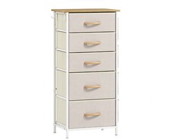Ladekast 45 x 30 x 94,5 cm, Beige, Textiel, Stoffen Ladekast met 5 Lades en Haken voor Kleding en Accessoires, Opbergkast en Ladenkast voor Slaapkamer, Kledingkast voor T-shirts en Sokken, Opbergmeubel voor Hal en Garderobe in huis