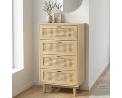 Ladekast - 55x40x95cm - 4 lades met kantelbeveiliging - hout en rotan-look - natuurlijke stijl - Houtkleur