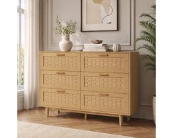 Ladekast 6 lades en rotan, moderne opbergkast met houten poten, commode voor de slaapkamer, woonkamer en hal, 115x 40 x 80 cm, Natuurlijke houtkleur
