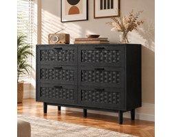 Ladekast 6 lades en rotan, moderne opbergkast met houten poten, commode voor de slaapkamer, woonkamer en hal, 115x 40 x 80 cm, zwarte