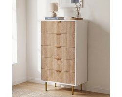 Ladekast - 60x34x110cm - Opbergkast met 5 lades - Grote opbergkast - Hout en metaal - Modern - Houtkleur en wit