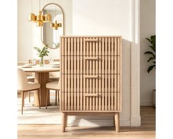 Ladekast 60x34x91 cm, moderne opbergkast met 4 lades, dressoir kast voor woonkamer, houten kast in naturel houtkleur, opbergmeubel