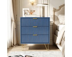 Ladekast 60x40x70 cm met 3 lades, moderne opbergkast met verticale fronten en gouden metalen poten, nachtkastje voor slaapkamer, donkerblauw