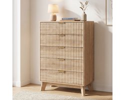 Ladekast - 73x40x108 cm - Opbergkast met 5 Lades - Anti-kantel - Hout - Geribbeld Design - Houtkleur