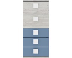 Ladekast Bo0 98 cm met 5 lades en vierkante handgrepen - grenen/blauw