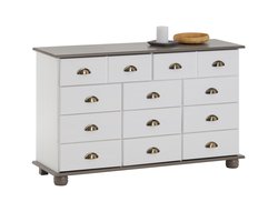 Ladekast COLMAR 120 cm met 11 lades van massief hout - Wit/taupe