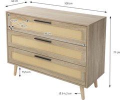 Ladekast Dressoir met 3 laden 100x77x40 cm eiken-look met rotan front en massief houten poten ML design