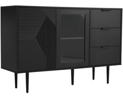 Ladekast Dressoir met 3 lades en 2 deuren, met metalen poten en glazen deuren – Zwart