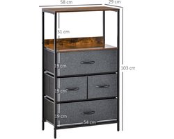 Ladekast – Dressoir – Opbergkast – Kastje – Kledingkast – Zwart Linnen – 4 Lades – Open Plank – Lichtgewicht – Zonder Elektriciteit
