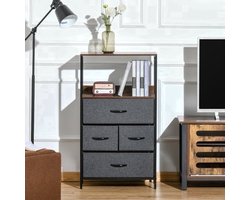 Ladekast – Dressoir – Opbergkast – Kastje – Kledingkast – Zwart Linnen – 4 Lades – Open Plank – Lichtgewicht – Zonder Elektriciteit