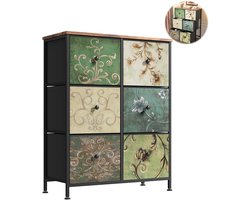Ladekast - Dressoir - Opbergkast - Vintage Ladekast 6-Laden - Retro Geschilderd Dressoir met Unieke Rankmotieven & Zwarte Metalen Rand - Opbergkast voor Slaapkamer, Woonkamer en Hal