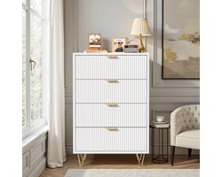 Ladekast - Hoge Commode met 4 Lades - Modern Geribbeld Design - Voor Woonkamer of Slaapkamer - Wit met Gouden Poten