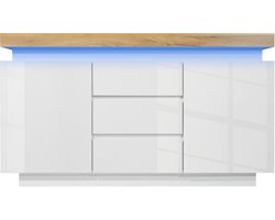 Ladekast, hoogglans dressoir met 2 deuren en 3 laden, LED-verlichting (app-bediening), multifunctionele kast voor woon- en slaapkamer, 81 x 140 x 39 cm, wit