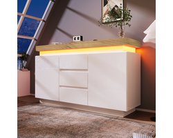 Ladekast, Hoogglans Dressoir met 2 Deuren en 3 Lades, LED-verlichting (App-bediening), Multifunctionele kast voor Woonkamer en Slaapkamer, 81 x 140 x 39 cm, Wit