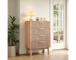 Ladekast Hout - 60 x 34 x 91cm - 4 Lades - Massief Houten Poten - Eikenlook - Geribbeld Design - Voor Slaapkamer of Woonkamer