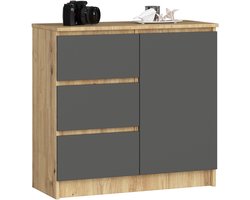 Ladekast JERRY met 3 Lades en 2 Deuren / AKORD Furniture Factory / Artisan Eik - Grafietgrijs / 80 x 77 x 35 cm