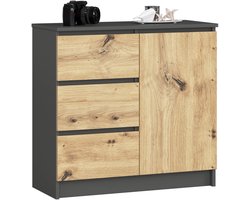 Ladekast JERRY met 3 Lades en 2 Deuren / AKORD Furniture Factory / Grafietgrijs - Eiken / 80 x 77 x 35 cm