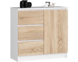 Ladekast JERRY met 3 Lades en 2 Deuren / AKORD Furniture Factory / Wit – Sonoma Eik / 80 x 77 x 35 cm