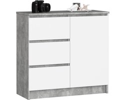 Ladekast K-80 Jerry met 3 laden | Kast met 2 legplanken en 1 deur | Voor de woonkamer slaapkamer | Modern | 16mm gelamineerde plaat | 80x77x35cm | Beton + Wit Front