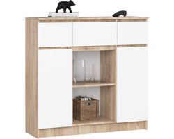 Ladekast K100 met 3 Lades, 2 Deuren en 1 Plank / AKORD Furniture Factory / Sonoma Eik - Wit / 101 x 98 x 35 cm