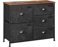 Ladekast, kast met 5 stoffen laden, stalen frame, voor woonkamer, slaapkamer, hal, vintage bruin-zwart LVT05H
