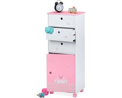 Ladekast kinderkamer met zwanenhart-design 3 lades en vak met deur - kinderkast 105cm - wit/roze