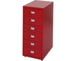 Ladekast, ladekast op wielen, stalen ladekast, 69x28x41cm 6 laden ~ rood