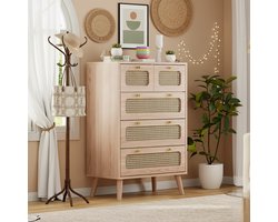 Ladekast, Ladekasten 60x34x91 cm, Dressoir, met kantelbeveiliging, 5 laden rotan fronten, met hoge poten en goudkleurige metalen handgrepen, geschikt woonkamers, slaapkamers kantoren - beige