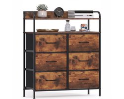 Ladekast - Ladenkastje - Ladenkast - Smalle ladekast met 6 stoffen lades - 2 open planken - 83 x 30 x 97 cm - zwart metalen frame - MDF-bladen - verstelbare poten - vintage bruin