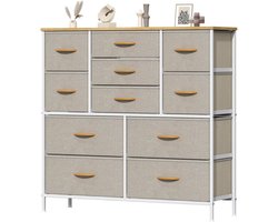 Ladekast met 11 stoffen lades in 3 formaten - Khaki en wit - MDF-blad in houtlook - Voor kleding en textiel - Verstelbare voeten - 100 x 30 x 97 cm