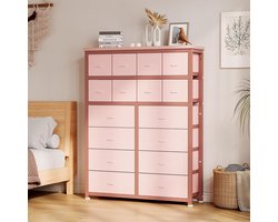 Ladekast met 16 Laden - Opbergkast voor Slaapkamer, Woonkamer & Gang - Met Houten Blad - Ruimtebesparend Verticaal Ontwerp - 101 x 30 x 130 cm - roze