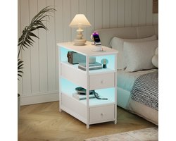 Ladekast met 2 Laden en 3 Open Planken – Industriële Opbergkast met LED en USB/Typ-C Stekkers, Witte Nachtschrank Bijtafel (58x28x60.5 cm)