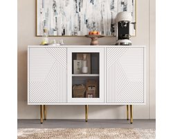 Ladekast met 3 deuren, met metalen voeten en glazen deuren, wit, afmetingen: 120 x 38 x 79,5 cm