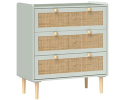 Ladekast met 3 laden, dressoir in boho-stijl, rotanlook, ladekast voor woonkamer, slaapkamer, lichtgroen 80 x 40 x 87,5 cm